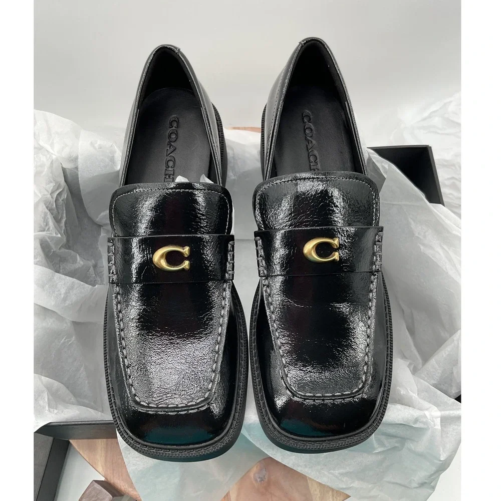 Coach Leah Loafer Black Glazed Leather Signature C Hardware CCH83 Womens 9B